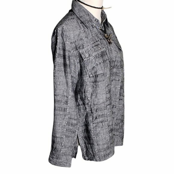 Linen Full Snap Button Down Minimalist Capsule Neutral Shirt 0/small Chico's - Picture 4 of 15